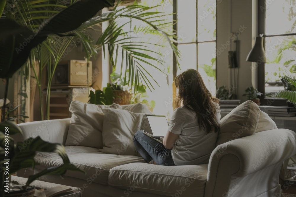 Person seated sofa indoor room plant Person seated sofa indoor room plant