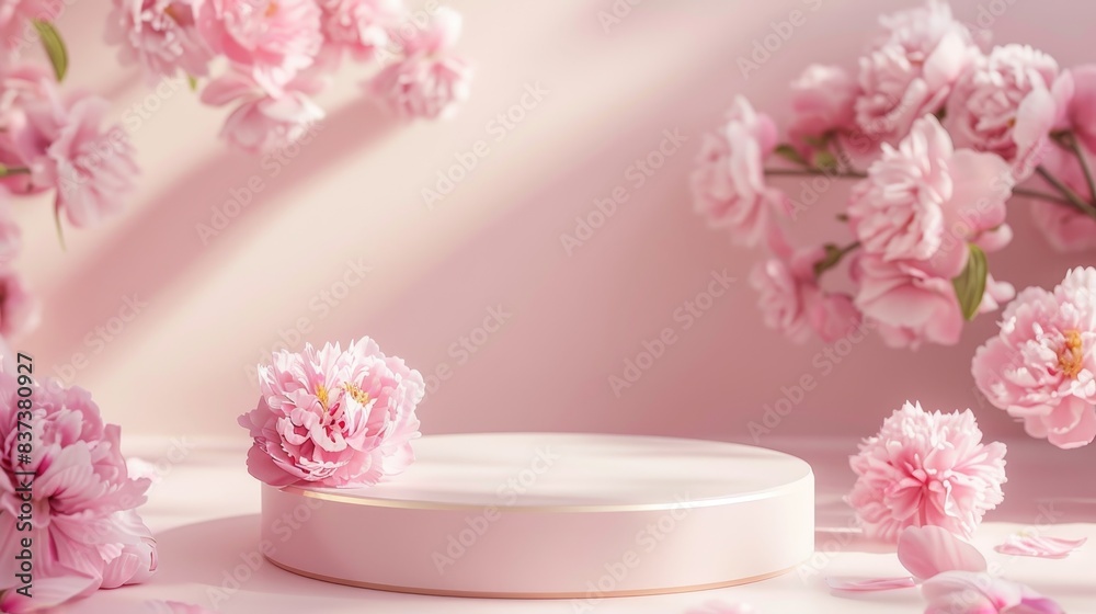 Pink Peony Flower Podium with Floral Background Pink Peony Flower Podium with Floral Background