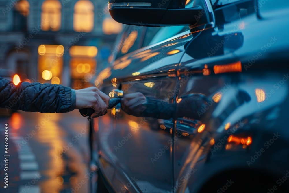 Person opens car door in rainy night Person opens car door in rainy night