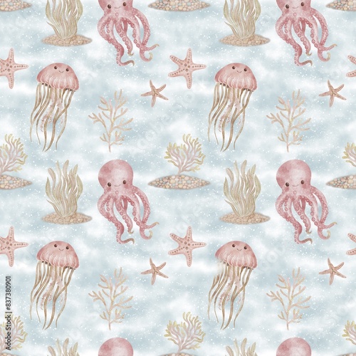 Seamless watercolor pattern with octopus, corals, and jellyfish, perfect for beach-themed decor, summer clothing, stationery, and gift wrapping. Ideal for adding a marine touch to any creative project