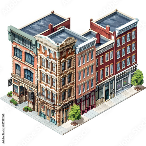 Historic commercial buildings on central street at hurd street in city center of lowell, massachusetts ma, usa isolated on white background, isometry, png
 photo