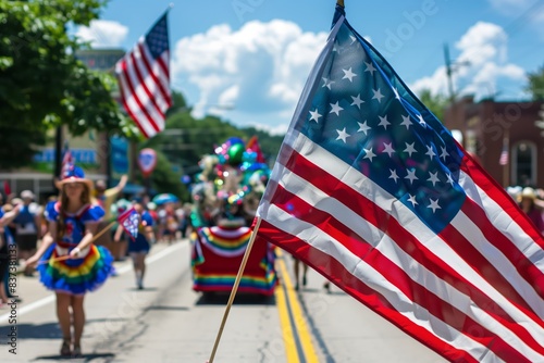 A lively scene from an Independence Day parade featuring a prominently displayed American flag in the foreground. The background showcases a colorful array of people dressed in festive attire, holding