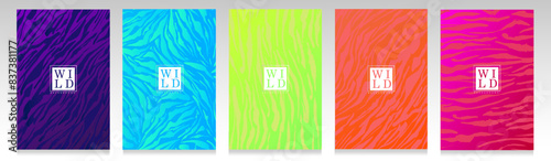 Zebra skin cover set. Tiger skin texture seamless pattern. Colorful striped background trendy collection.