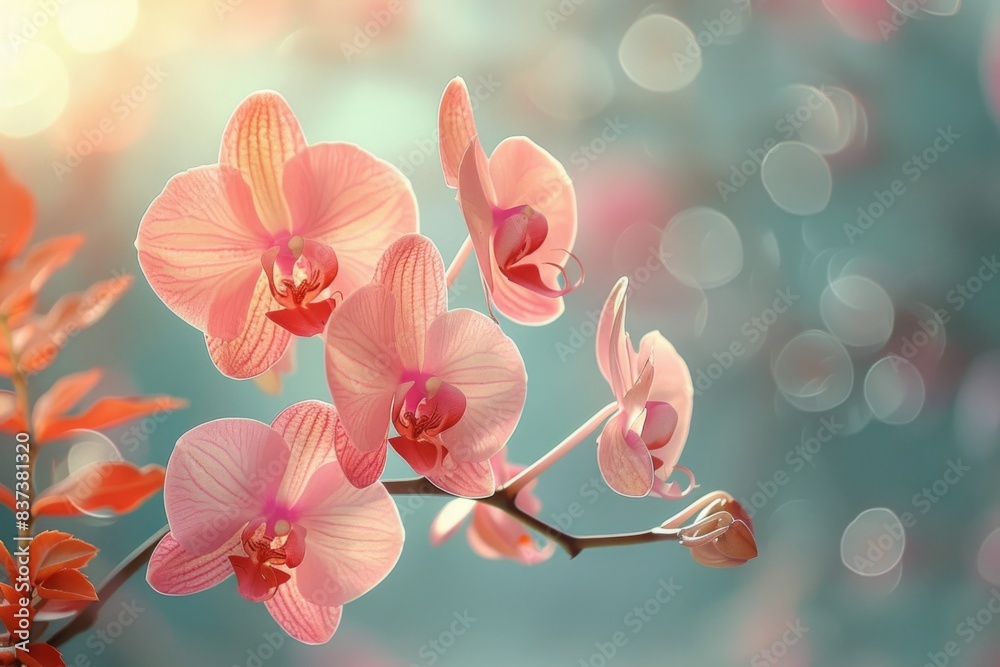 Pink flower on branch with leaves Pink flower on branch with leaves