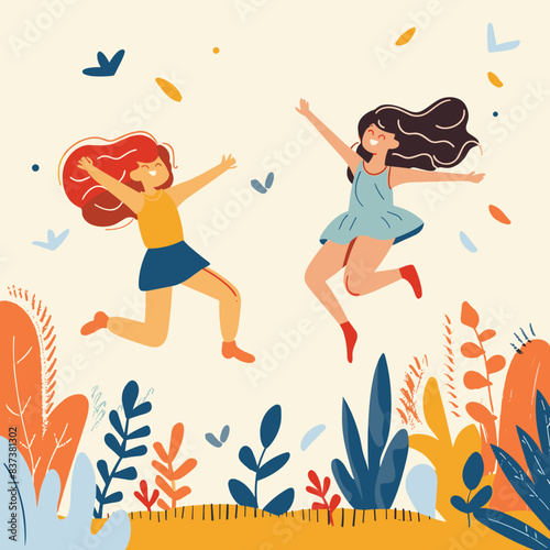 Two young girls joyfully leaping above ground amidst colorful foliage, expressing happiness freedom. Girls flowing hair dressed casual clothes, enjoying cheerful moment nature, surrounded plants