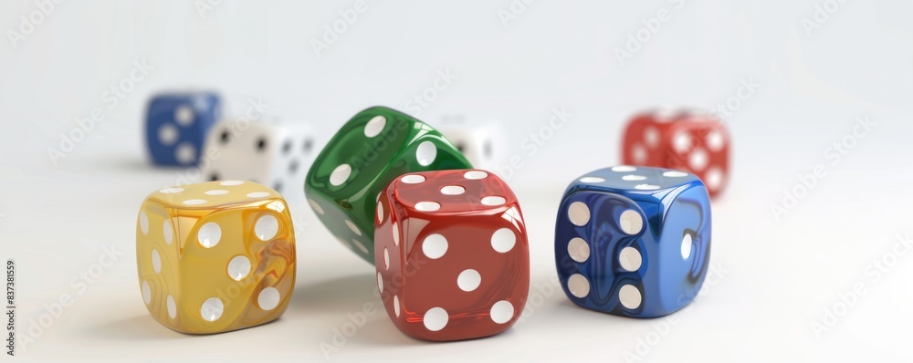 Game of chance gambling concept. Dice of luck with white background, featuring colorful dice in motion, symbolizing randomness and probability. Game of chance gambling concept. Dice of luck with white background, featuring colorful dice in motion, symbolizing randomness and probability.
