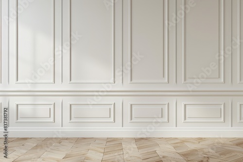 Sophisticated white wall panels with decorative moldings and light wood herringbone floor