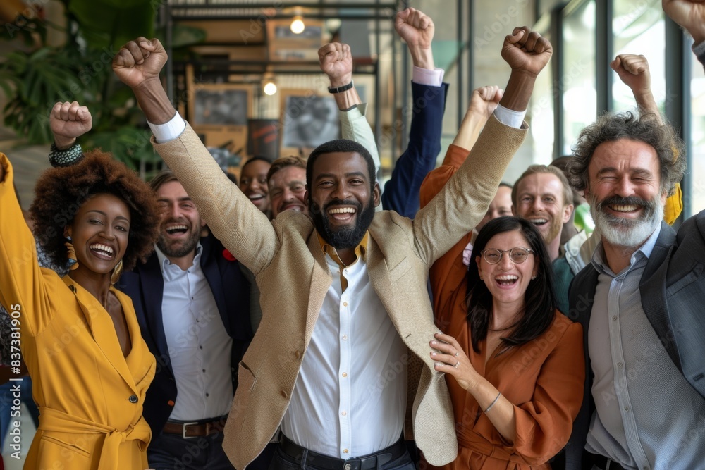 Fototapeta premium Joyful team raising arms in celebration at workplace