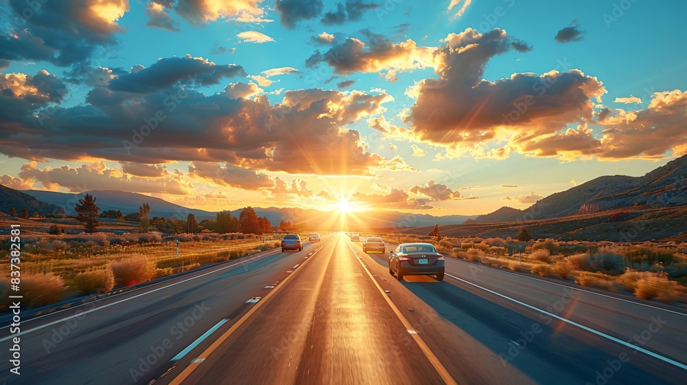 Cars Driving on Highway Towards Sunset Cars Driving on Highway Towards Sunset