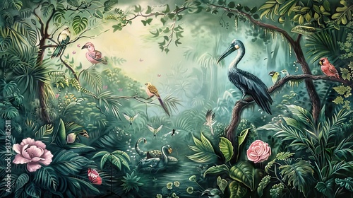 Fototapeta Naklejka Na Ścianę i Meble -  Tropical jungle pattern wallpaper with palm trees plants birds butterflies and animals of paradise on a dark blue background for wall vintage. AI generated illustration