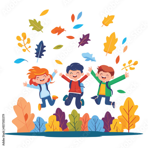 Three children jump joyfully among falling autumn leaves, expressing happiness playfulness. Vibrant foliage surrounds young smiling characters experience joy fall. Cartoon illustration captures