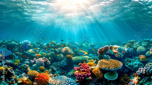 Beautiful underwater coral reef scene with sunlight. Vivid colors and marine life. Ideal for nature and ocean-themed projects. Underwater paradise. AI