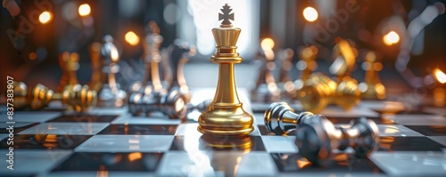 A chess board with a gold king and silver pieces. The king is surrounded by pieces that have fallen, and the board is in a state of disarray