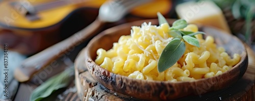 Macaroni on a guitar with butter and sage  combining elements of Italian cuisine and musical creativity in a unique and artistic presentation.
