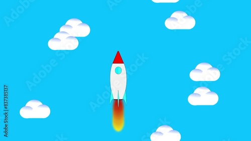  Flat style animation of rocket launch in the sky. blue BG. photo