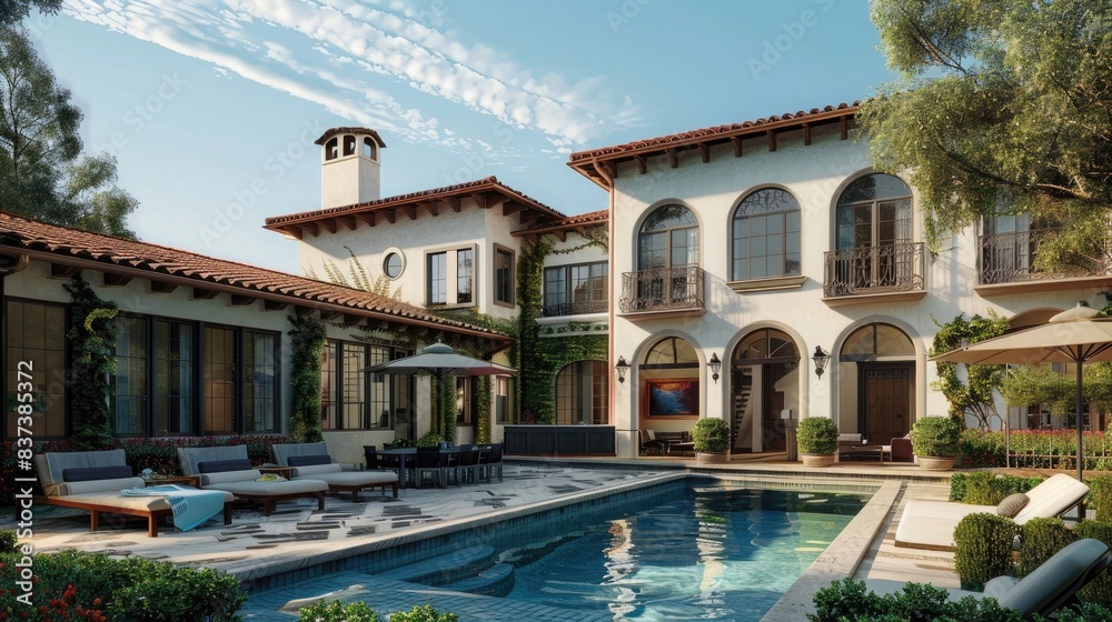 an ultra realistic rendering of the exterior of an old Spanish style mansion with pool and courtyard,