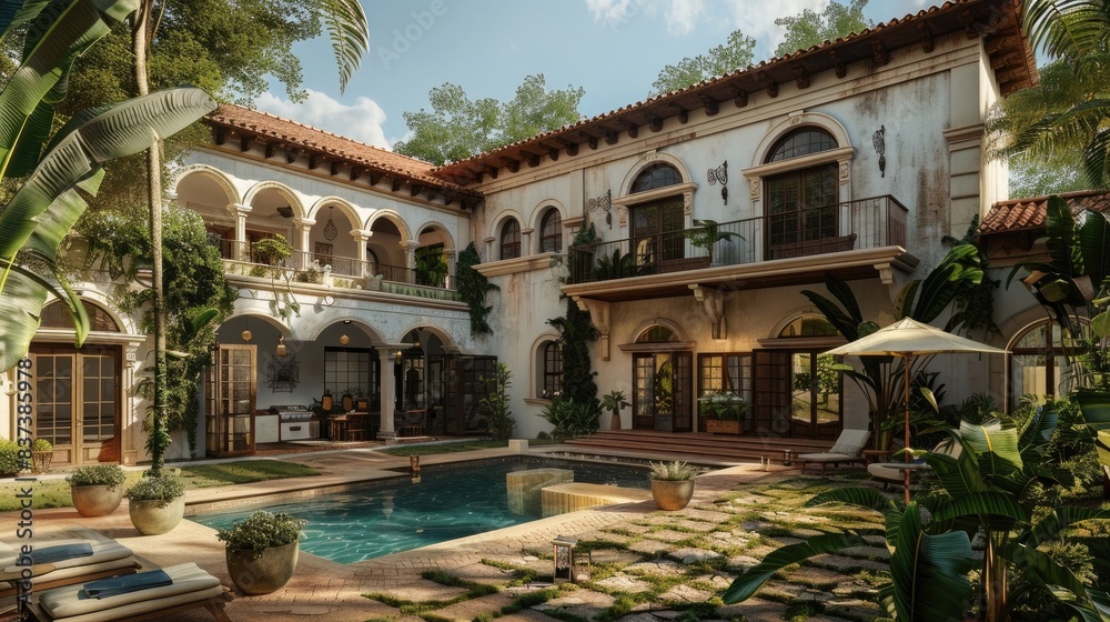 an ultra realistic rendering of the exterior of an old Spanish style mansion with pool and courtyard,