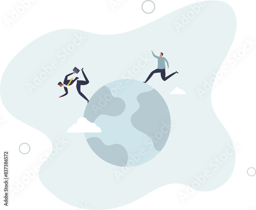 businessman compete by running away and catch each other on the world, planet earth.flat vector illustration.