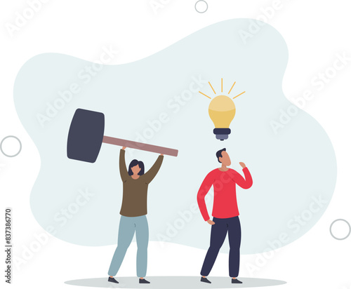 businessman got new idea lightbulb but being hit and destroy by colleague behind.flat vector illustration.