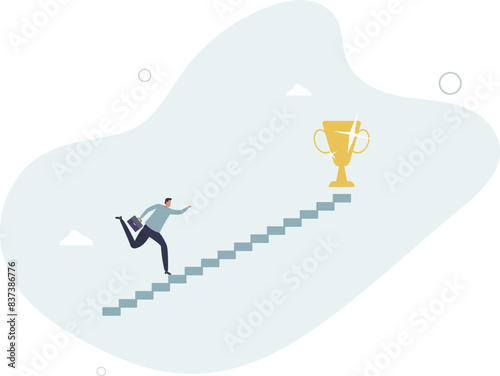 career development concept, confidence businessman take slow small stair steps to reach goal.flat vector illustration.