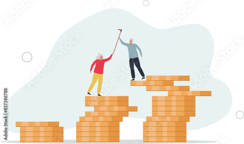 rich elderly couple old man and woman walking on stack of growth money coins saving.flat vector illustration.