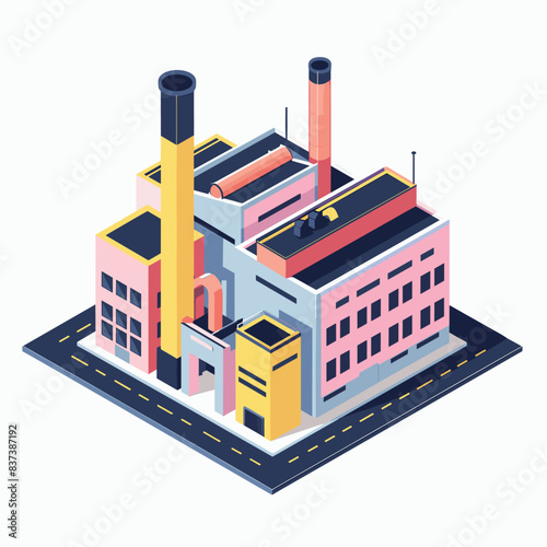Isometric factory building vector illustration colorful industrial complex smokestacks. Pink yellow industrial structure graphic design business technology concept. Detailed factory architecture