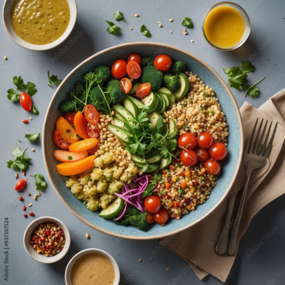 A Trendy Plant-Based Meal Featuring a Quinoa Bowl with Fresh Vegetables and a Drizzle of Dressing, Captured from Above to Highlight the Vibrant Colors and Healthy Ingredients