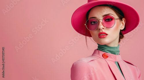 Vibrant Elegance, Stylish Woman in Pink Hat and Chic Round Sunglasses