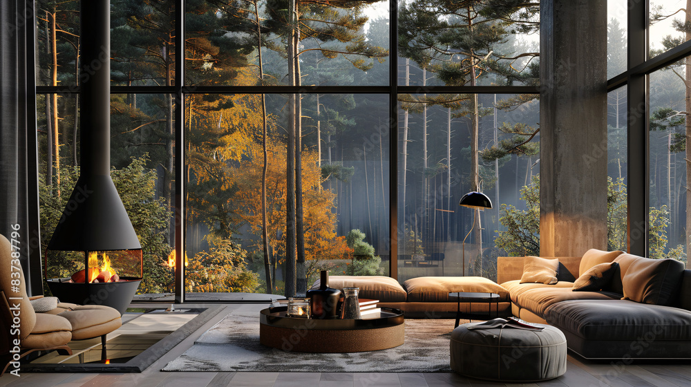 Spending quality time in a modern cabin, enjoying the warmth of a fireplace and the colors of an autumn forest
