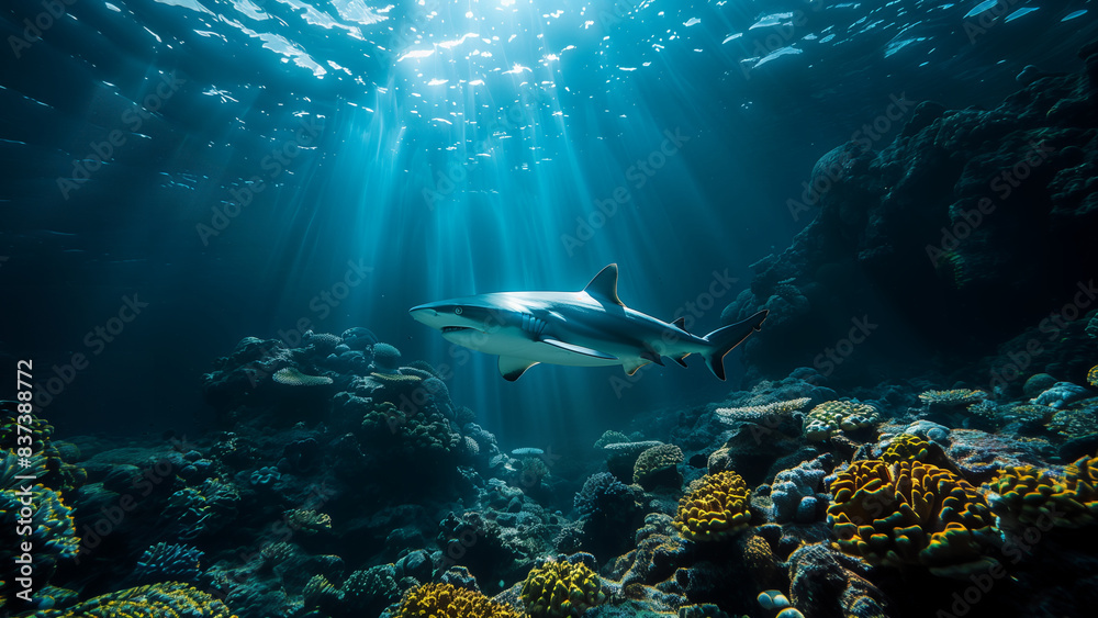 Fototapeta premium Reef Shark - Shark Swimming, Marine Animal, Sea Life, Aquatic, Underwater Photography, Aquatic Photography