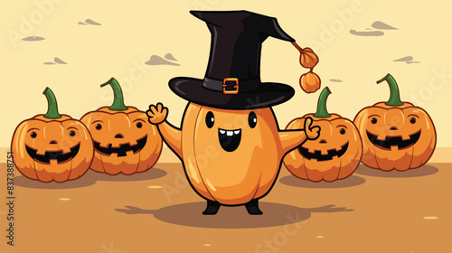 Illustration of pumpkin cartoon throwing the hat at