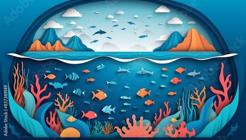 Poster campaign of world ocean day and scene of under the sea and ocean in a global shape with layers paper cut style and vector design  digital illustration created with generative ai.
