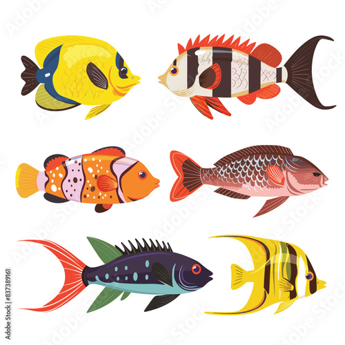 Collection colorful tropical fish illustrations isolated white. Detailed vibrant cartoon fish showing variety species patterns. Aquarium drawn stylized realistic manner