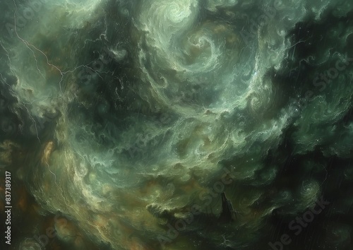 Spectacular Abstract Artwork Featuring Swirling Green and Black Storm Clouds with Dynamic and Intense Atmospheric Energy