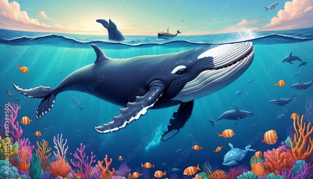 Naklejka premium Whale swimming happily in ocean, surrounded by ocean life, digital illustration created with generative ai.