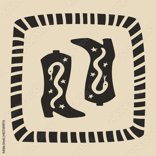 Cowboy boots with snakes and abstract frame. Bohemian mystical vector flat illustration. Western minimalist vintage art 