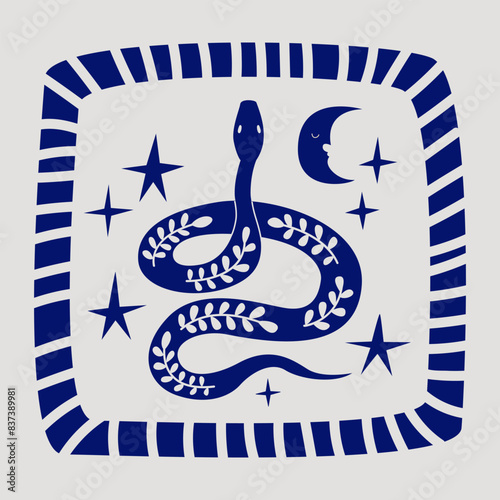 Minimalist bohemian poster of snake silhouette and abstract frame. Mystical vector flat illustration of serpent with moon and stars