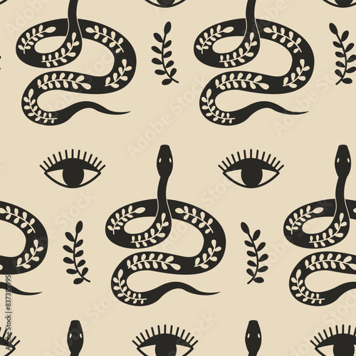 Bohemian seamless pattern with snakes, leaf branches and eyes. Vector flat mystical minimalist background