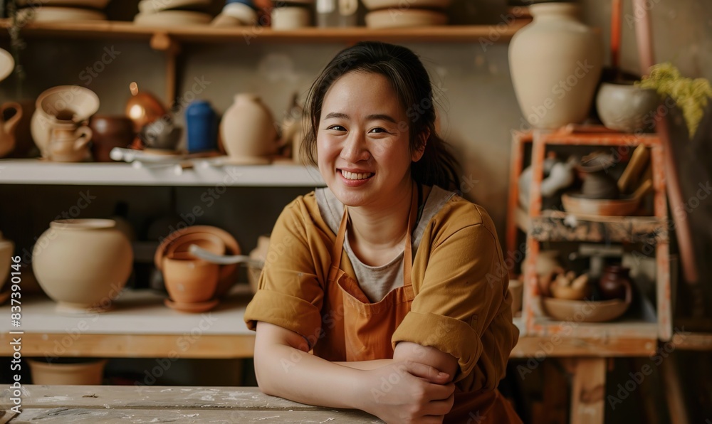 Portrait of Asian girl smiling at camera while enjoying pottery class in workshop. AI