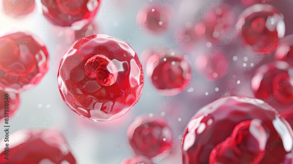 Red and pink fluid-filled spheres float in a clear background. Red and pink fluid-filled spheres float in a clear background.