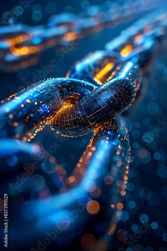 Blockchain for documents, panoramic view, in a web of secure links, dynamic lighting, trust enhanced