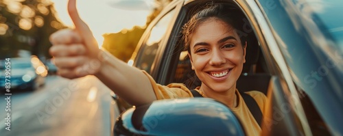 A woman is driving a car and giving a thumbs up. Concept of happiness and positivity
