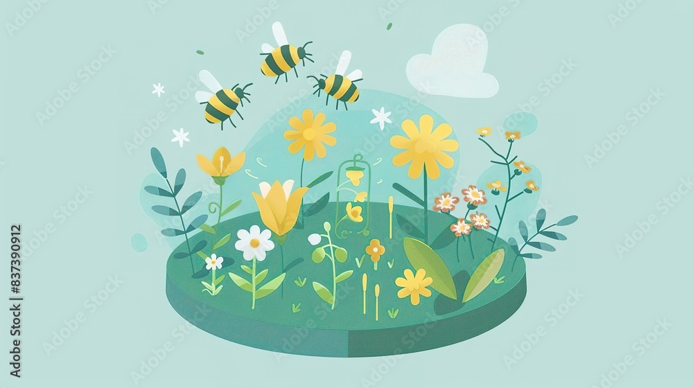 Cute cartoon illustration of bees flying around colorful flowers in a garden. The wonders of nature, animals and ecosystems concept.
