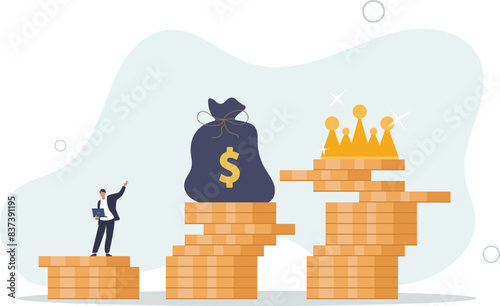 stack of money dollar coins and money bag with precious king golden crown.flat vector illustration.