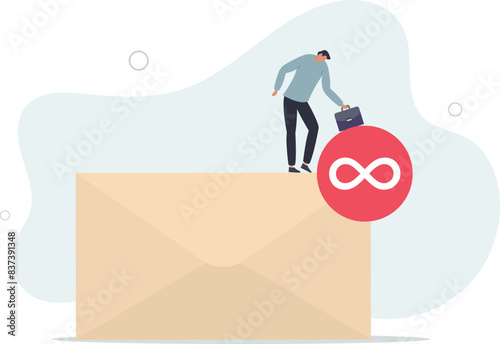 desperate hopelessness businessman with his inbox with infinity unread emails.flat vector illustration.