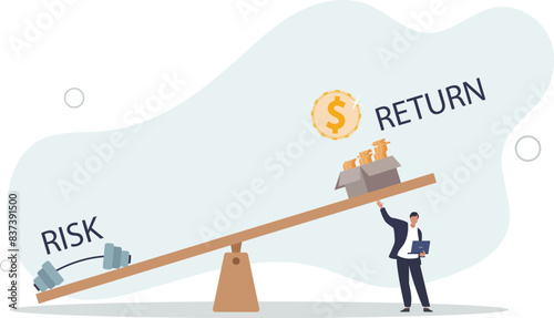 balance with heavy risk burden make box of rich money dollar reward.flat vector illustration.