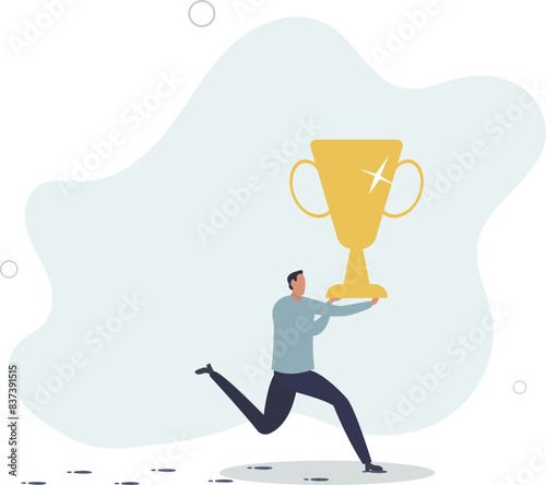 success businessman carrying big trophy walking leaving footprint to follow .flat vector illustration.