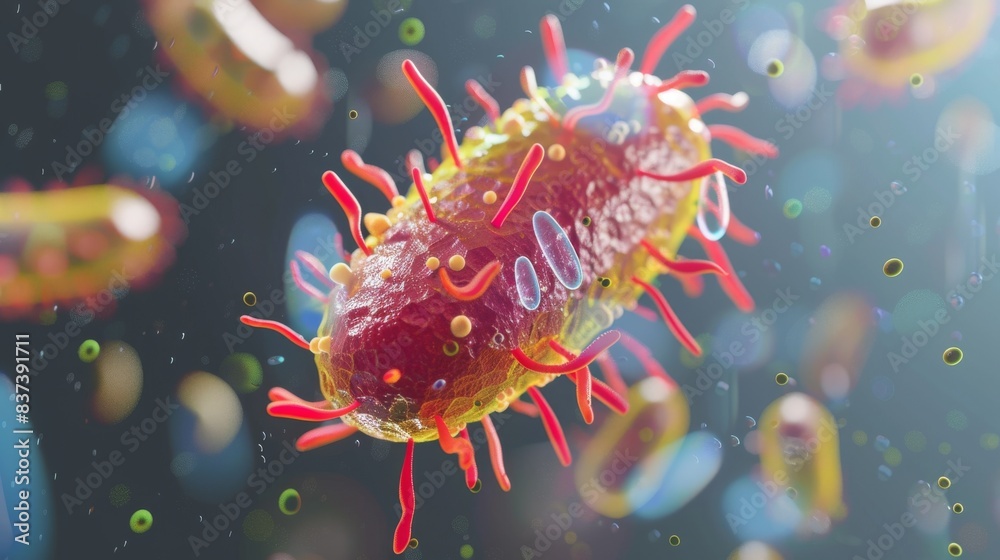 The image is of a 3D rendering of a virus or bacteria. The image is of a 3D rendering of a virus or bacteria.