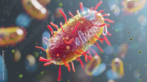 The image is of a 3D rendering of a virus or bacteria. photo