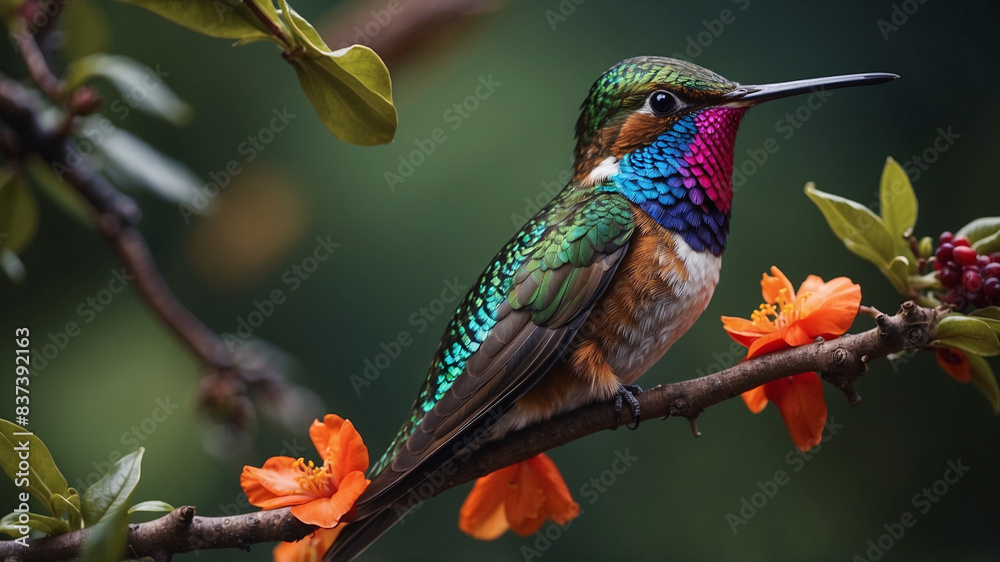 Fototapeta premium A colorful hummingbird sits on a branch